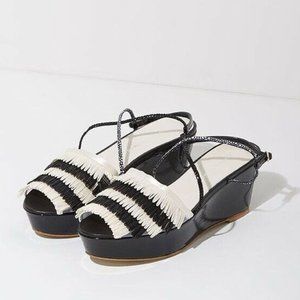 TSUMORI CHISATO Fringe Platform Sandals, Open Toe, Black White, Size 8